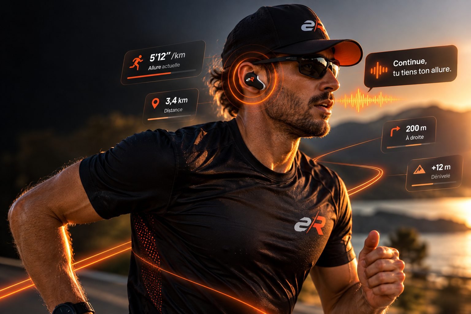 Coureur avec écouteurs guidé par le coach vocal Erunix : allure, distance, direction