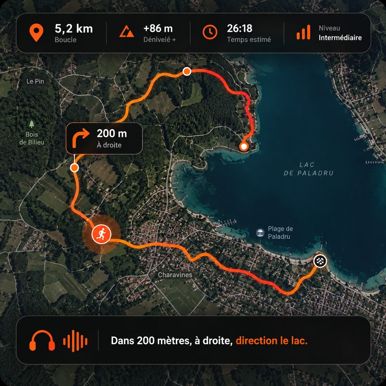 Parcours running de 5,2 km à Charavines, au bord du lac de Paladru, guidé par Erunix : dénivelé, temps estimé, direction à droite dans 200 mètres
